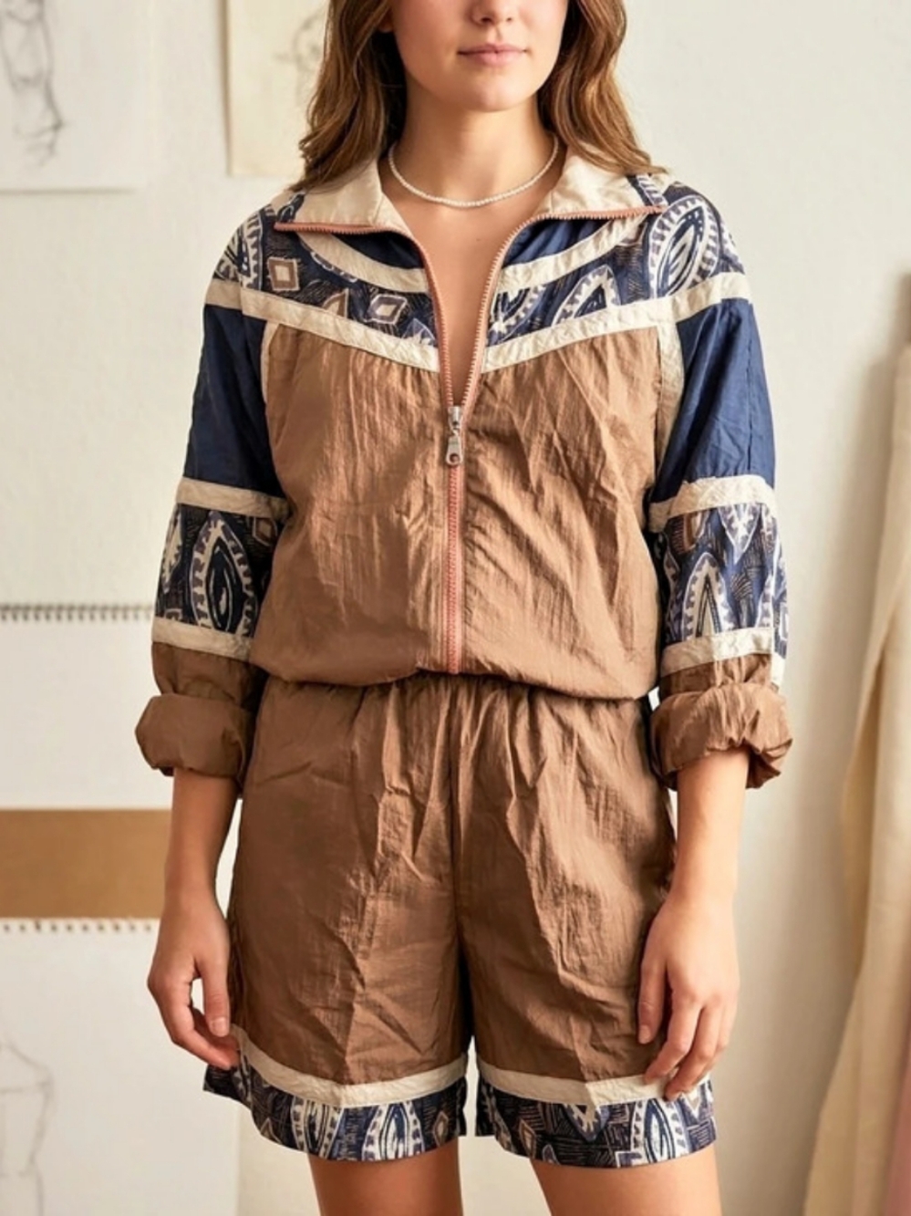 Vintage Athletic Works 80/90s Retro Windbreaker BlueBrown Jacket/Short Set Small